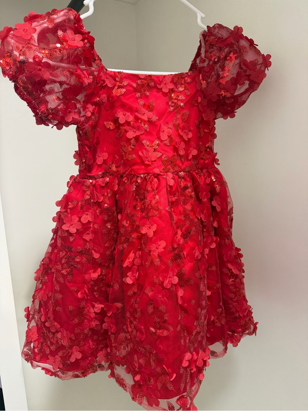 Red Floral Appliqué Puff sleeve Dress